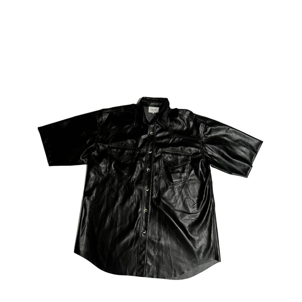 Nanushka Button Front Faux Leather Shirt in Black